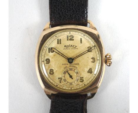 A gentleman's vintage Rotary Super-Sports 9ct gold cased wristwatch, circa 1940, the champagne dial with luminous Arabic nume