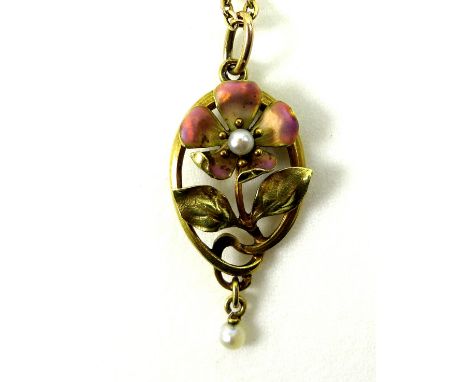 A 15ct gold and enamel pendant modelled as flower with five petals, enamelled with a pink blush, seed pearl to the centre and