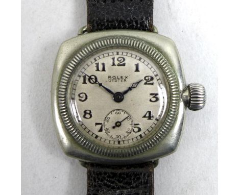 An Art Deco Rolex Oyster steel cased gentleman's wristwatch, circa 1930, circular silvered dial with black Arabic numerals, m
