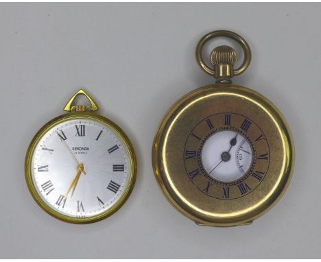 An early 20th century gold plated half hunter pocket watch, keyless wind, white enamel dial with black Roman numerals, minute