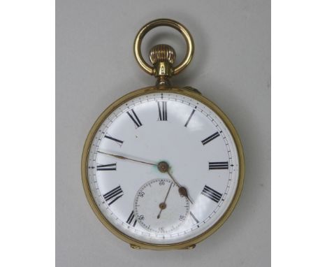 A late 19th century Swiss 14k gold cased pocket watch, keyless wind, white enamel dial with black Roman numerals, minute trac