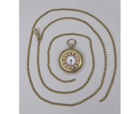 A 9ct gold Albert close link chain, 16.8g, 96cm, together with an Edwardian lady's gold plated half hunter pocket watch, key 