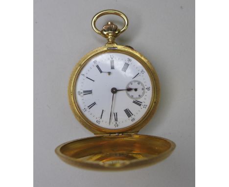 A late 19th century Swiss 18ct gold double hunter keyless wind pocket watch, CHJ & Co, with white enamel dial with black Roma