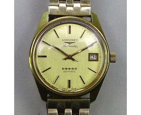 A Longines Five Star Admiral automatic gentleman's wristwatch, gold plated and steel backed, gold dial with gold baton marker