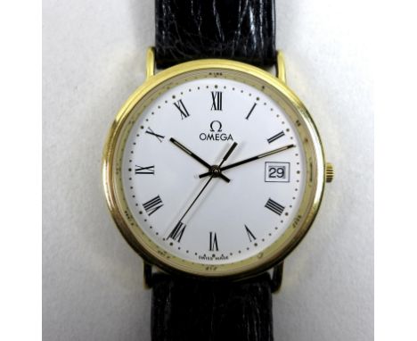 An Omega 18k gold cased gentleman's wristwatch, ref 1061, circular white dial with black Roman numerals, calendar aperture at