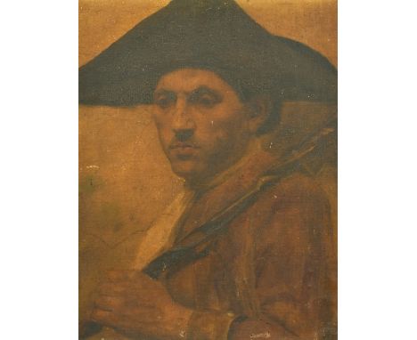 Circle of S.L. Fildes, Portrait study of a man wearing a tricorne hat, oil on canvas laid on board, 18.25" x 14", (46.5x35.5c