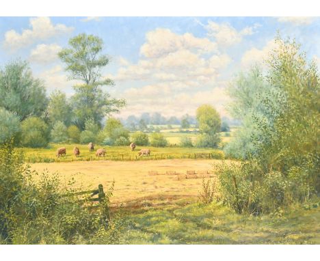 Mervyn Goode (b.1948) British, 'Old wooden gate and small fields, Wiltshire', A summer landscape with bailed hay and cows gra