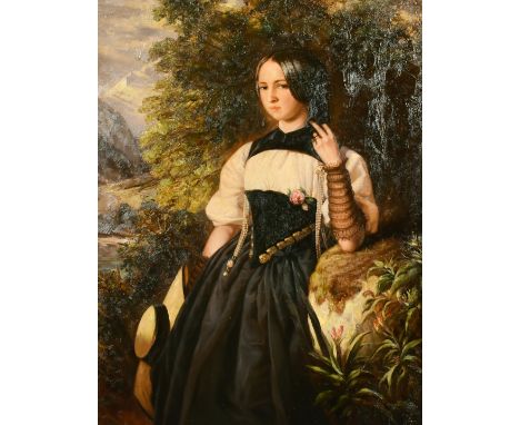 20th Century Portrait of a lady standing in a landscape leaning against of moss-covered rock, oil on canvas, 40" x 30", (101.