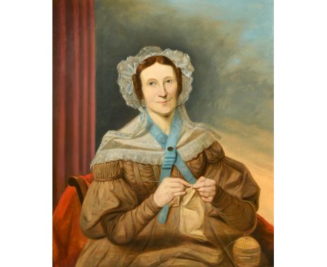 19th Century, Portrait of a seated lady knitting, oil on canvas, 30" x 25", (76x63.5cm) (unframed).