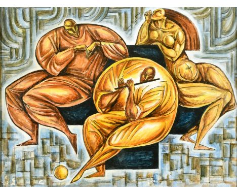 Asian School (20th Century) Three stylized figures seated one playing a flute, oil on card, 13.5" x 17.5", (34.5x44.5cm).