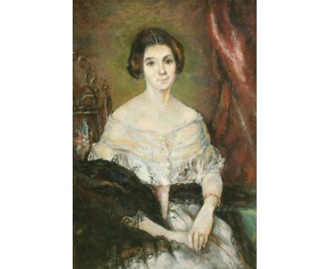 19th Century, portrait of a seated lady wearing a white dress, gouache, 12.25" x 8.25", (31x21cm).