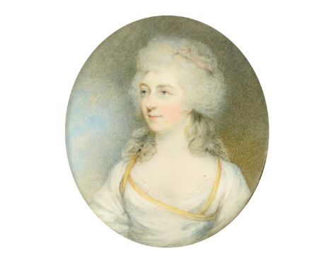 19th Century, an oval miniature portrait of an elegant lady, watercolour on ivory, 2.5" x 2" (7 x 5.5cm).