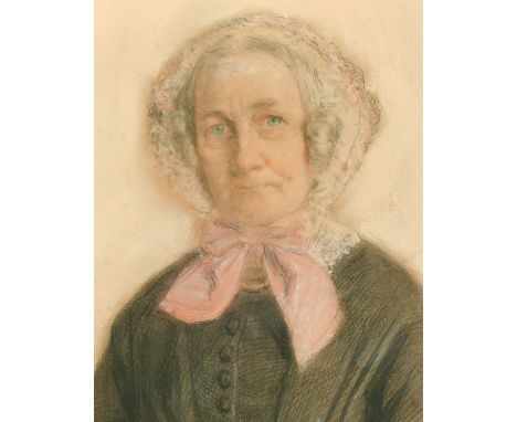 19th Century, Portrait of an elderly woman wearing a bonnet with a pink bow, pastel, inscription verso, 7.75" x 6", (19.5x15c