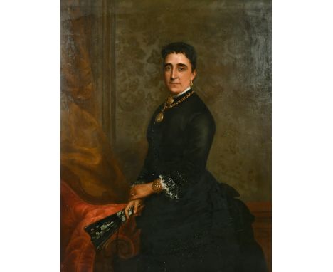 B. Hudson (19th Century) Portrait of a lady standing in an interior holding a fan, oil on canvas, signed and dated 1884, 50" 