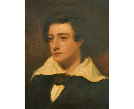 19th Century, Portrait of a young man wearing a jacket with a white collar, oil on board, 20.5" x 16.5", (52x42cm).