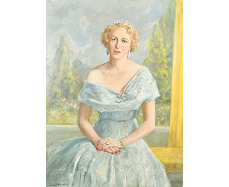 John A.A. Berrier, Portrait of a seated lady wearing a tiara, with a garden beyond, oil on canvas, signed, 46" x 34", (117x86