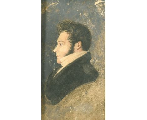 19th Century miniature portrait of a gentleman in a carved wooden frame, watercolour, 3.75" x 2", (9.5x5cm) along with a silh