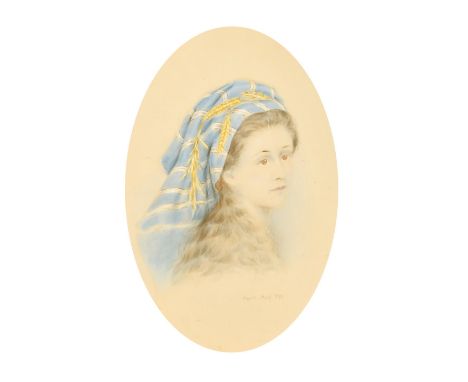 Frank Miles, Portrait of a young lady in a turban, watercolour over a print base, signed and dated 1873 in print, 12.5" x 8.5