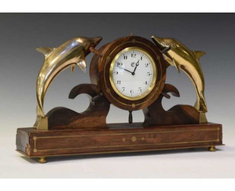 Brass-inlaid rosewood dolphin mantel clock, with 3.5-inch white Arabic dial, timepiece movement with balance wheel, in drum-h