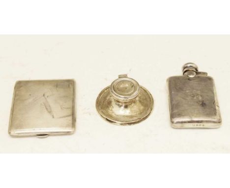 Silver capstan inkwell, Birmingham 1919, together with a 1920s silver hip flask with engraved decoration, and silver cigarett