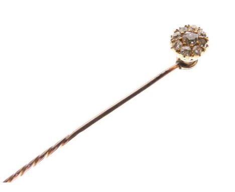 Stick pin set old-cut diamond cluster, unmarked, 1.9g gross approx