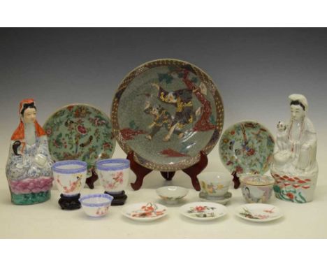 Quantity of mainly Chinese ceramics, to include pair of eggshell cups on stands, similar tea bowl, Canton famille rose celado
