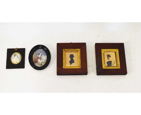 Two 19th Century portrait miniatures, a mahogany framed silhouette, 7.5cm x 9cm, and a similar framed side profile portrait (