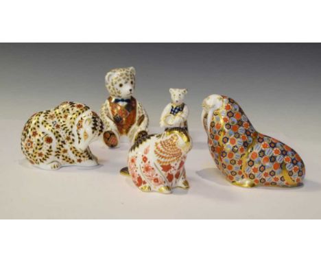 Royal Crown Derby - Five animal paperweights comprising bear, seal, beaver, teddy bear and teddy bear cook, tallest 14cm (5)