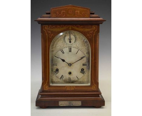 Early 20th Century German mahogany inlaid mantel clock, silvered Roman dial, unsigned movement with two sticking coil gong, s
