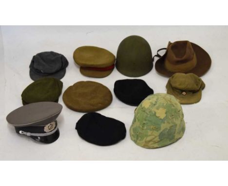 Quantity of re-enactment/ period military hats to include; officers caps, Failsworth Hats Ltd, brimmed felt hat '1942', grey 