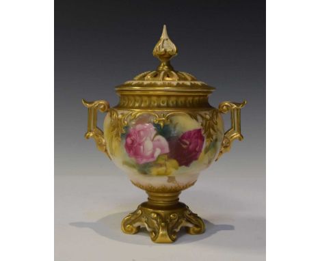 Royal Worcester pot pourri vase and cover, gilded and painted with roses by Ethel Spilsbury, puce printed marks, 17cm high ov