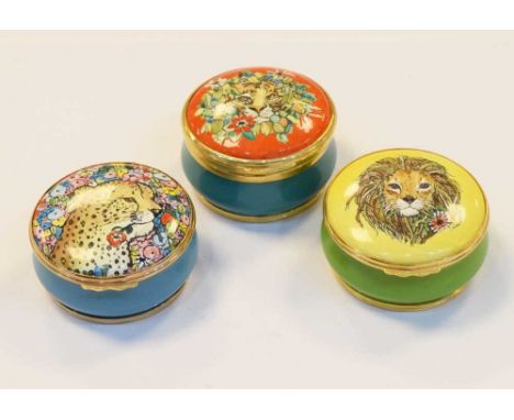 Three Halcyon Days limited edition Bilston enamel boxes; The Cheetah Flower Box 129/250, The Lion Flower Box 136/250 and The 
