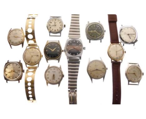 Three vintage gents' watches comprising; Timex, Hercules and Lucerne Calendar, together with nine watch heads to include; Sea