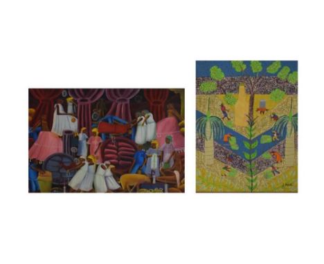 Five Haitian School paintings - Parizot Domond, 61cm x 91cm, G. Augusto, 76cm x 60cm, R. Frantz, 61cm x 91cm, Aris Charles, 5