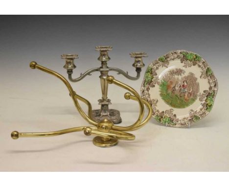 Brass wall mounted coat hanger, silver plated candelabra and Copeland Spode Byron