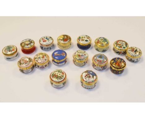 Collection of fifteen Halcyon Days Bilston and Battersea Enamel Christmas Boxes