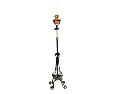 Early 20th Century wrought iron and copper standard lamp, 140.5cm high (ex. chimney)