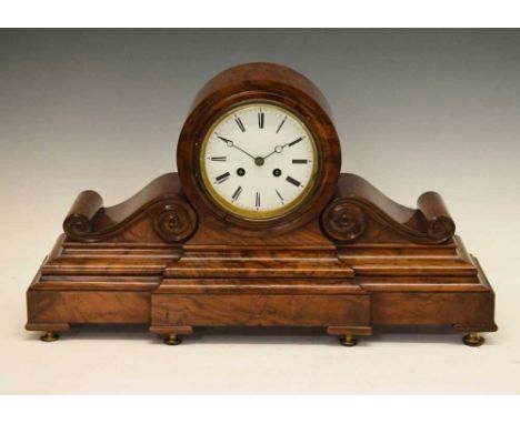 Late Victorian figured walnut drumhead mantel clock, white Roman dial with moon hands,  54cm wide x 31cm high