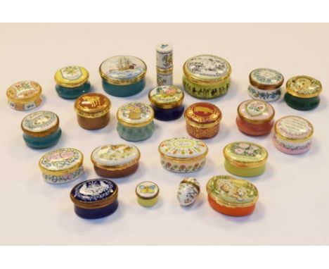 Collection of approximately twenty Halcyon Days, Bilston and Battersea Enamel boxes, to include a needle or bodkin case, birt