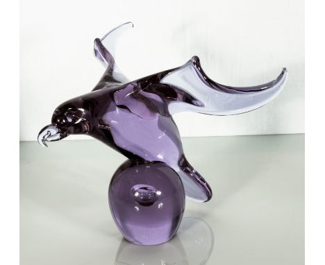 A large Murano glass eagle, amethyst colour, signed to base by artist 10inches high