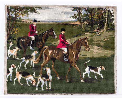 An unframed tapestry depicting a hunting scene, 45cm x 56cm