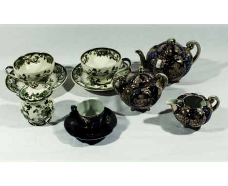 Two Mason's Chartreuse cups and saucers and a preserve pot together with an Oriental style tea set and a cup and saucer