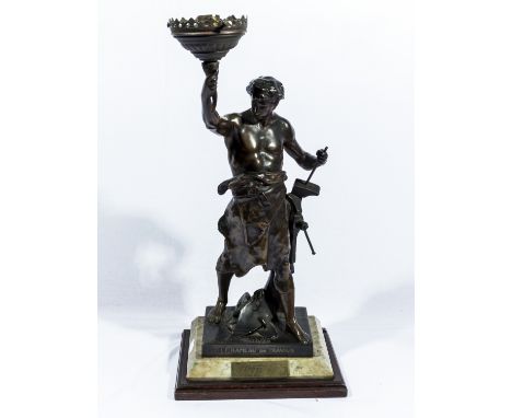 A bronzed lamp on marble base L'Olivier Le Rameau du Traveil, signed E Picault, 47cm tall