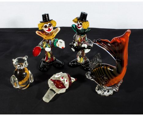 Two Murano glass clowns, a fish, cat and a decanter stopper
