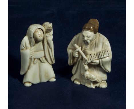 Two netsuke, one with rotational head showing two faces
