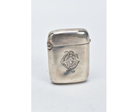 A SILVER VESTA, plain polished design with an engraved monogram to the front, striker to the base, hallmarked Birmingham 1900