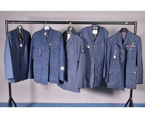 FIVE RAF UNIFORM JACKETS, one with matching trousers, including women's RAF musicians jacket, jacket with Sergeant stripes to