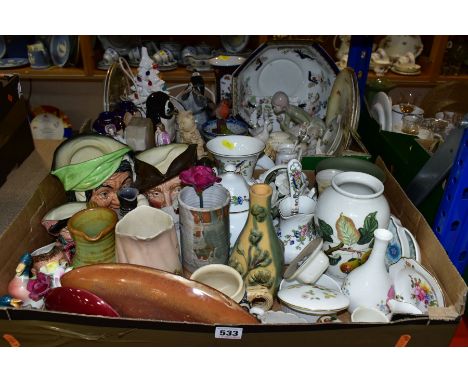 TWO BOXES OF ASSORTED CERAMICS INCLUDING ROYAL DOULTON CHARACTER JUGS, 'Sairey Gamp' and 'Robin Hood', both large, Aynsley 'P