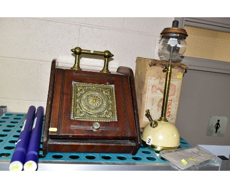 A VICTORIAN WALNUT AND BRASS MOUNTED PURDONIUM, with metal liner, a Tilley table lamp, model TL106, with original box and ins