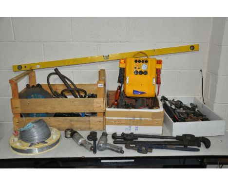 THREE TRAYS CONTAINING AUTOMOTIVE TOOLS including four Stilsons, a car booster pack (untested), a Performance jigsaws (PAT pa